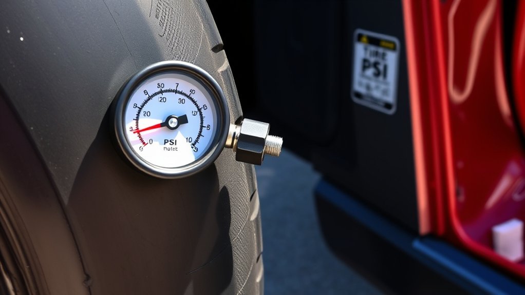 Checking a car tire’s air pressure with a handheld gauge