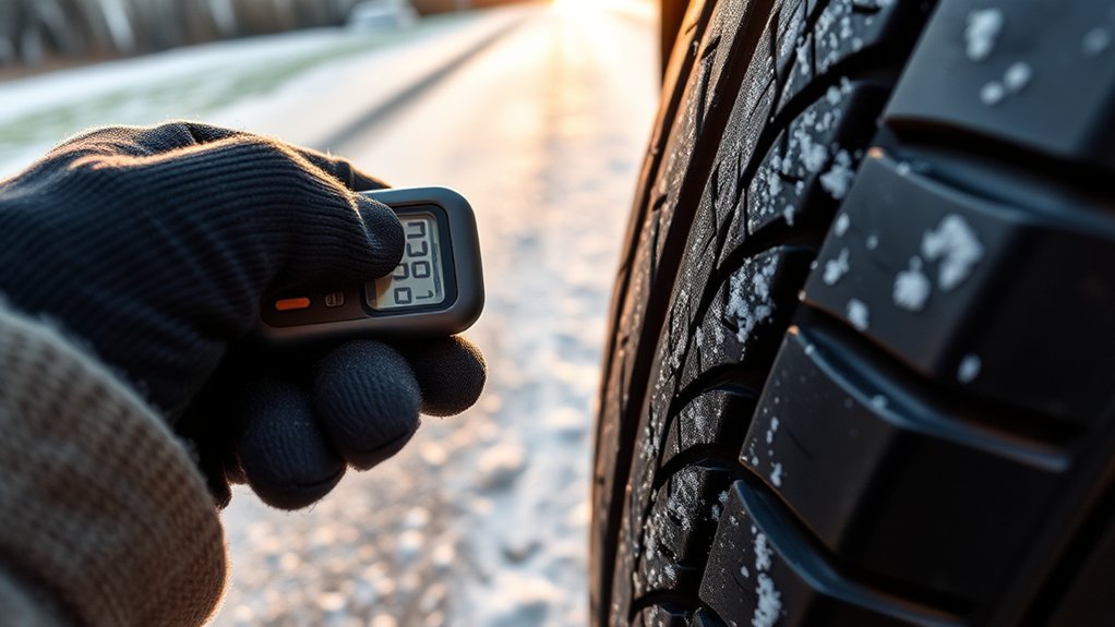 Person using digital tire pressure gauge to check tire pressure in cold weather