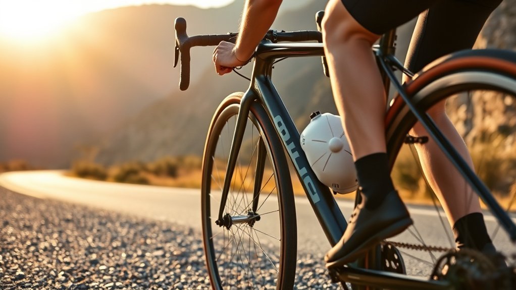 cyclist adjusting tire pressure on a road bike