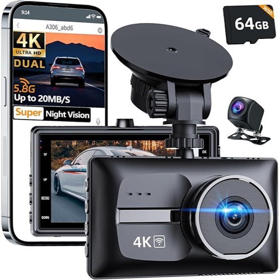 Dual Dash Cam 4K + FHD1080P with 64GB Card