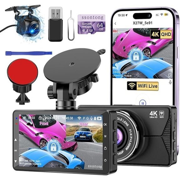 Dash Cam 4K WiFi Front and Rear with 64GB Card
