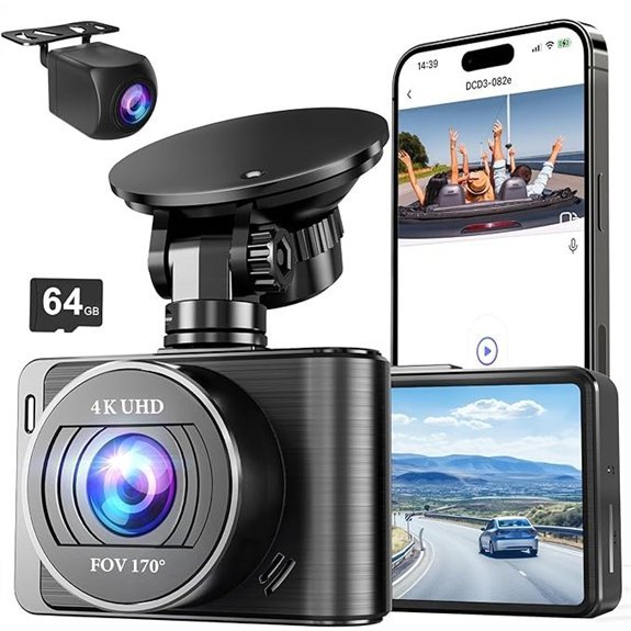 4K Dash Camera Front and Rear with 64GB SD Card