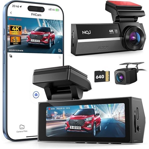 NQJ 4K Dual Dash Camera with 64GB Card