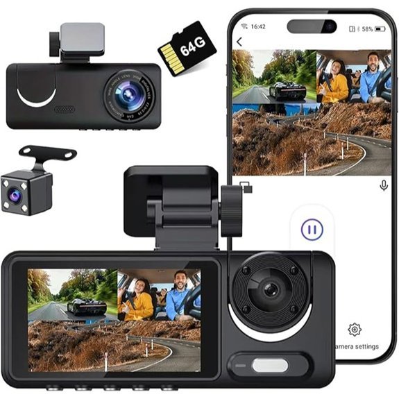 FHD 3-Channel Dash Cam with 64G SD Card