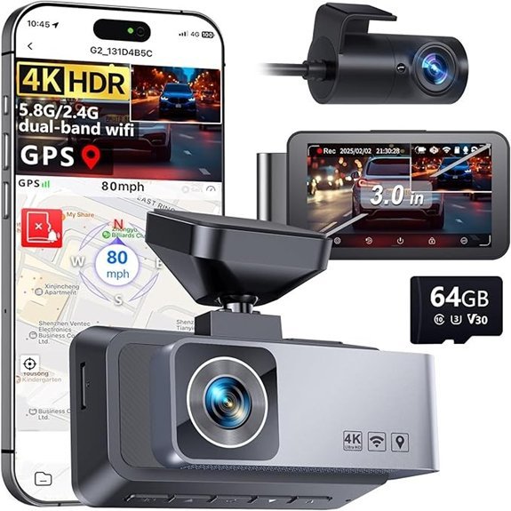 4K HDR Dash Cam Front and Rear with GPS