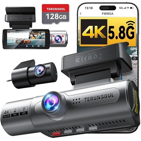 4K Dash Cam Front and Rear with 128GB Card