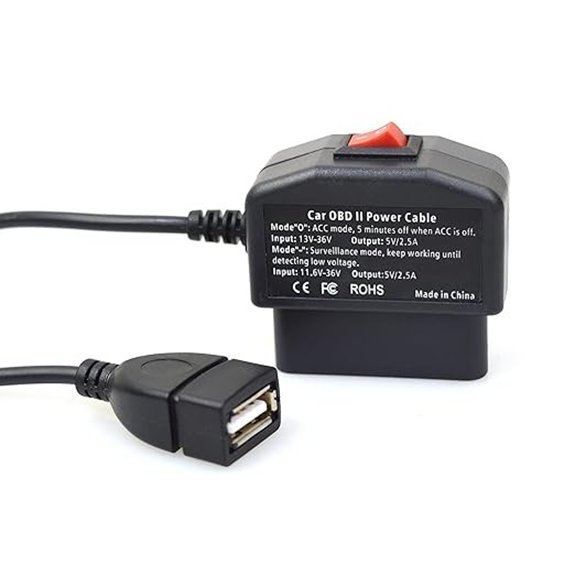 OBD OBD2 to USB-A Power Cable for Dash Camera