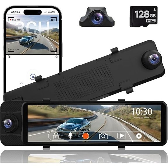 11 3-Channel Rearview Mirror Dash Cam with 128GB