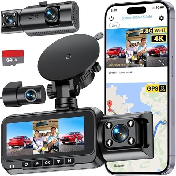 3-Channel 4K Dash Cam (Front Rear Inside)