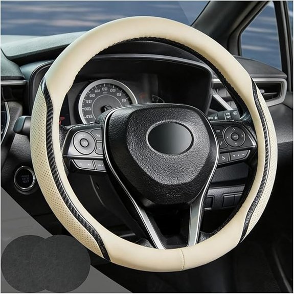 Beige Microfiber Leather Steering Wheel Cover with Coasters